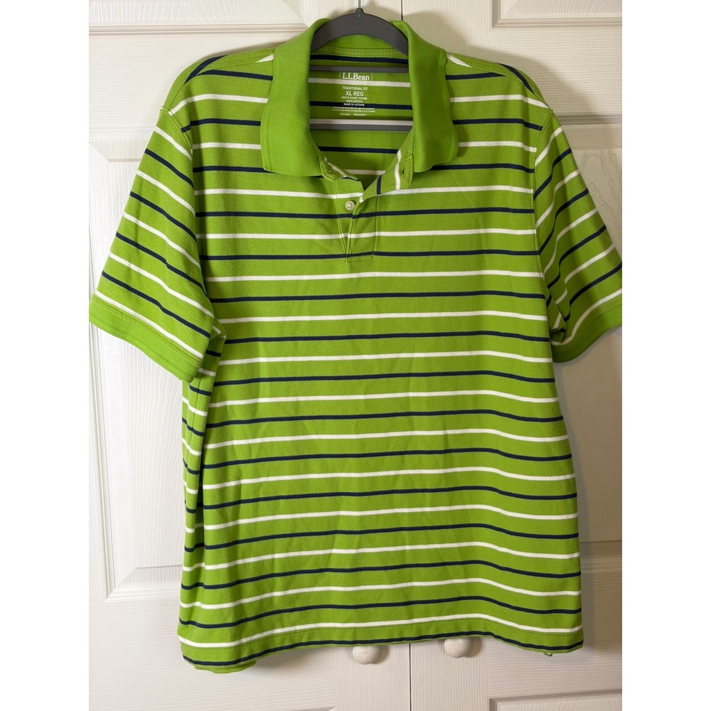 LL Bean Mens XL Polo Shirt Green Striped Short Sleeve Traditional Fit 300456